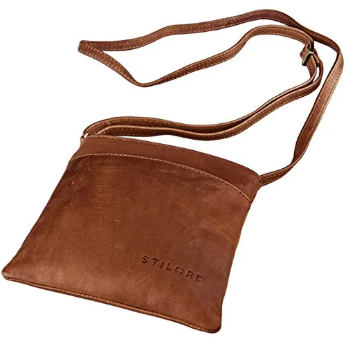 STILORD Lana kleine Umhängetasche Damen 16 x 18 x 2 cm Ausgehtasche Schultertasche Handtasche echtes Büffel Leder Vintage Design Größe S Farbe:Cognac - braun
