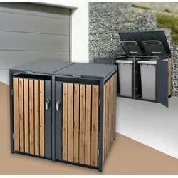 ML-Design Mülltonnenbox 2er 240L - Anthrazit-Eichenoptik - Mülltonnenboxen für 2 Tonnen, wetterfest und abschließbar, mit smartem Zugseilsystem für müheloses Entsorgen und guter Luftzirkulation.