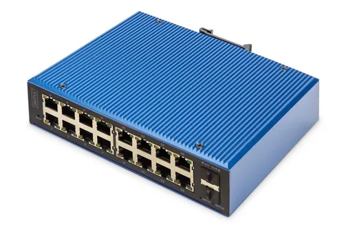 Digitus DN-651158 Industrial Ethernet Switch 16+2 Ports - Switch u. Bridges mit 16 RJ45 und 2 SFP Uplinks, bietet fortschrittliche Layer 2 Funktionen für optimales Netzwerkmanagement und hohe Sicherheit.