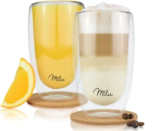 Milu - 2440 Doppelwandige Latte XXL-Gläser 2er Set - Gläser mit 450 ml Fassungsvermögen, doppelwandig für perfekten Thermoeffekt und spülmaschinenfest. Inklusive Korkuntersetzer – ideal für heiße und kalte Getränke!