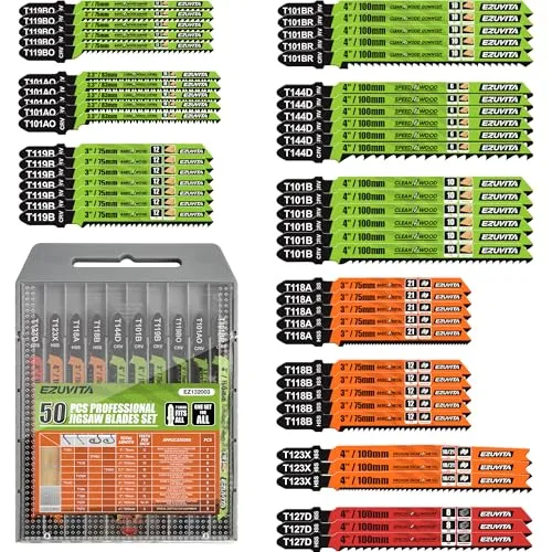 EZUVITA 50-teiliges Stichsägeblatt Set mit Aufbewahrungskoffer, T-Schaft Stichsägeblätter aus CRV/HSS zum Schneiden von Holz, Kunststoff und Metall