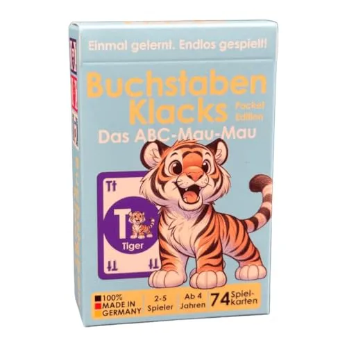 Buchstaben Klacks Pocket – Das Deutsche ABC-Mau-Mau für Kinder | Lernspiel & Geschenk für Junge und Mädchen | Kartenspiel ab 4, 5, 6, 7, 8 Jahre | Einschulung | Geburtstag (Tiger)