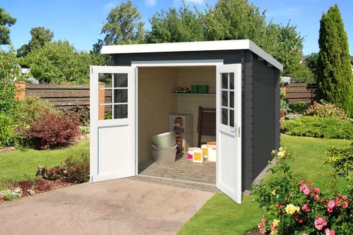 Gartenhaus Blockhaus Pultdach 28 mm Indi 175 grau - Gartenhaus mit 3.8 m² Nutzfläche, abschließbar und aus hochwertigem Holz. Ideal für Gartenutensilien oder als Rückzugsort. Farbe: carbongrau, mit Doppeltür für einfachen Zugang.