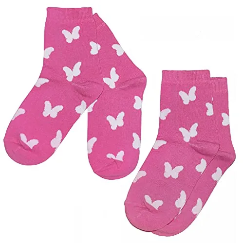 Weri Spezials Kinder Socken Baumwolle für Mädchen im Doppelpack mit mehreren Designs (23-26, Pink Schmetterlinge 2er)