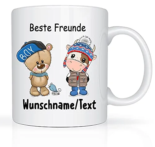 Print-Klex Tasse mit Namen und Beste Freunde Motiv Bedruckt Namentasse Namensbecher Beste Freunde für Jungen Weiß Spruchtasse Geschenkbecher Keramik mit Druck 330ml Tasse mit Text