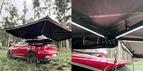 Markisenvorzelt 270° Autodachmarkise - Schwarz/Grau mit LED - Campingzelte, hochwertiges Oxford 600D Material und robustes Aluminiumgestell, ideal für jede Saison mit praktischer LED-Beleuchtung.