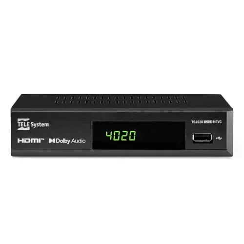 Tele System TS4020 Decoder - Dual DVB T/T2 und DVB-S/S2 HEVC HD - TV-Receiver mit DUAL TUNER für terrestrisches und Satellitenfernsehen, USB Media Player für Musik und Fotos, und HDR für brillante Bildqualität.