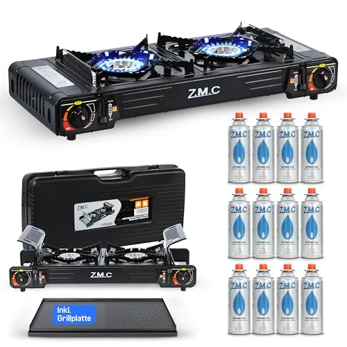 Z.M.C Premium Camping Gaskocher 2-flammig + Grillplatte + 12 Gaskartuschen 227g, Campingkocher mit Transportkoffer für Outdoor und Innenraum, Balkon Tisch Doppelgaskocher mit Piezozündung