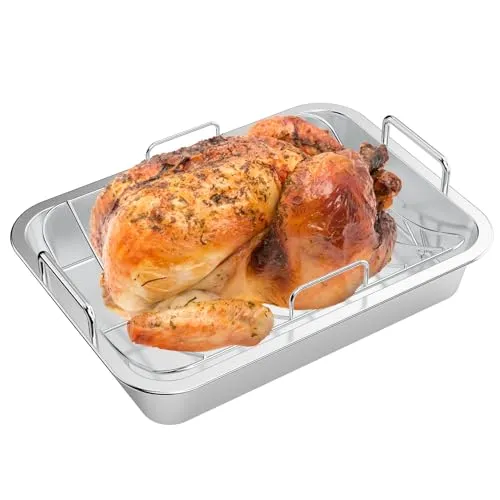 Onlyfire Bräter mit Rost, Edelstahl Bratblech mit Gestell, 40x29,5x10cm, Truthahn Bräter für Backofen, Rechteckig Backblech mit Griffen für Truthähne, Fleisch, Gemüse