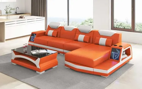 Luxus Ecksofa L-Form - Modernes Ledersofa in Orange - Stylisches Ecksofa für 4 Personen mit LED-Beleuchtung. Ideal für Ihr Wohnzimmer, bietet Komfort und modernes Design auf kompakten 356 x 188 cm.