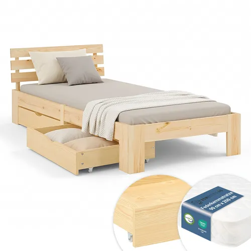 Homestyle4u Holzbett 90x200 mit Matratze und 2 Schubladen