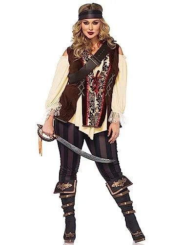 Leg Avenue 85634X 4-teiliges Kapitän Blackheart Damenkostüm - Karneval Kostüm für Fasching, bestehend aus Hemdweste, Gürtel, Leggings und Kopftuch. Ideal für unvergessliche Auftritte, erhältlich in Größe 1XL/2XL.