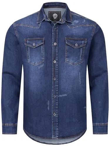Rock Creek Herren Jeans Hemd Herrenhemd Denim Jeanshemd Vintage mit druckknöpfen Regular Fit Stehkragen Kentkragen Langarm Männer H-419 Dunkelblau XXL