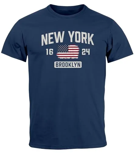 Neverless® Herren T-Shirt New York Brooklyn Print USA Flagge Fashion Streetstyle Printshirt Männer Navy XS