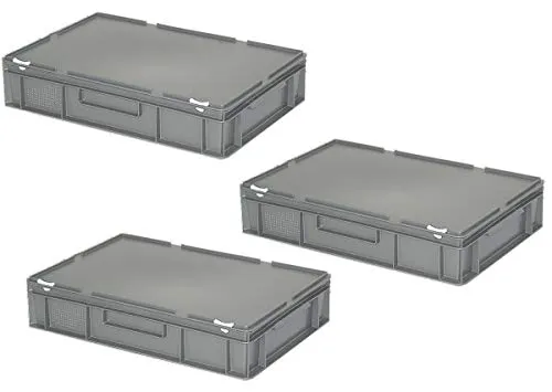 BRB 3x Eurobehälter mit Deckel, PE-HD, LxBxH 600x400x130 mm, 23 Liter, grau