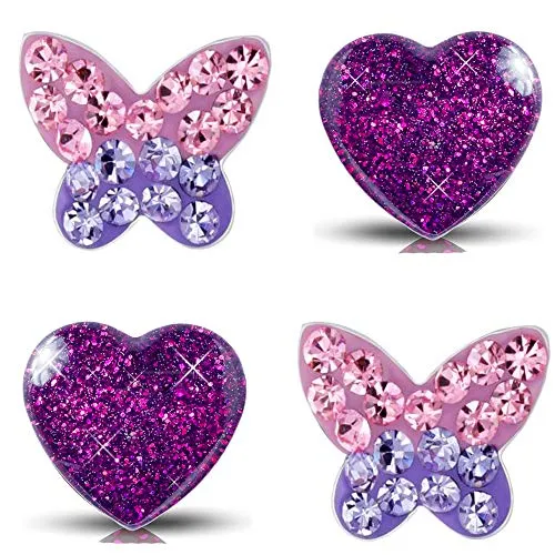 Mädchen Klein-Kinder Ohrringe echt 925 Sterling Silber Edelstahl Set Zirkonia Glitzer Schmetterling Herz (K935+K296)