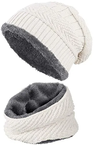 Balinco warm gefütterte Beanie + Schal mit Teddy-Fleece Fütterung mit Flechtmuster Wintermütze Einheitsgröße für Damen & Herren Mütze (4A) (Weiß/Grau)