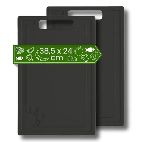 Schneidebrett Kunststoff (2er Set - 38,5 x 24 cm Groß - Schwarz) - Spülmaschinenfest - Schneidebretter Rutschfest - Küchenbrett mit Anti-Rutsch - Schneidbrett mit Saftrille (Anthrazit / Graphit)