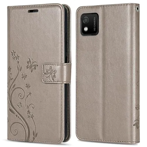 betterfon Hülle Kompatibel mit Wiko Y52 5G | Premium PU Leder Handyhülle Wallet Case für Y52 5G | Schutzhülle Blumen Klapphülle Handyhülle | Grau