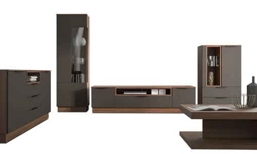 Wohnzimmer-Set 5-teilig: Wohnwand, Couchtisch & Kommode in Walnussfarben Grau