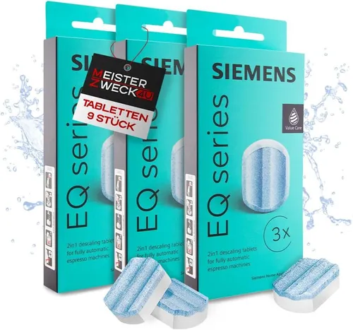 Siemens TZ80002 Entkalkungstabletten - MEISTERZWECK4U - Ersatzteile: 9 Reinigungstabletten für alle EQ & supresso Kaffeevollautomaten von Bosch und Siemens, sorgen für eine längere Lebensdauer Ihrer Maschinen.