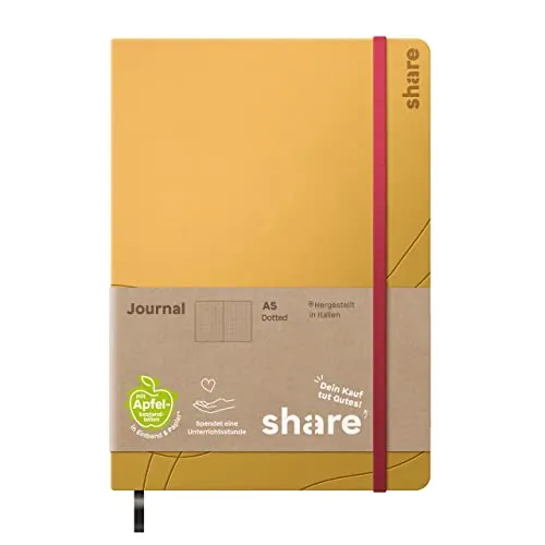 share Journal A5 punktkariert – Notizheft spendet eine Unterrichtsstunde für ein Schulkind – Upcycling Notizbuch aus Apfelschalen – gelb