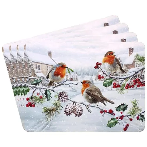 The Leonardo Collection Weihnachts-Tischsets mit Rotkehlchen-Motiv, 4er-Set für Zuhause und Küche, leicht zu reinigen und waschbar, für den täglichen Geschirrschutz, rutschfeste Tischsets für