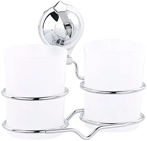 Carlo Milano Zahnputzbecherhalter: Zahnputzbecher-Halter mit Saugnapf-Halterung und 2 Bechern, Edelstahl (Zahnputzbecherhalterung, Zahnbürstenhalter, Zahnbecherhalter Bohren)