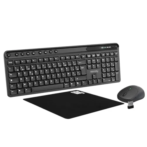NEWWAY NKMP252 Kabellose Maus-Tastatur, 2,4 GHz, französisches AZERTY-Set, leiser Tipp, 14 Multimedia-Tasten, leichte Maus mit 6 Tasten, Mauspad inklusive, lange Akkulaufzeit (schwarz)
