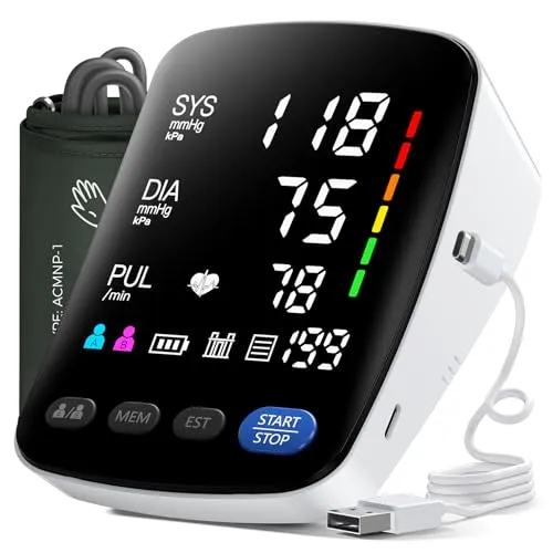 Aidisy Blood Pressure Monitor -Blutdruckmessgerät Oberarm mit Hochauflösende LED-Anzeige, für Oberarmumfänge von 22-42 CM, Speicherung von zwei Benutzern 2 x 199, AA-Batterie/Typ-C-Ladekabel