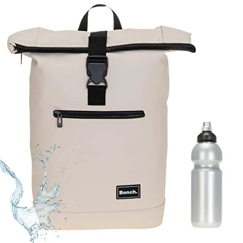 Sieber Rucksack Kurierrucksack Bench Hydro Plane Roll-Top backpack Laptoprucksack A4 wetterfest Damen Herren 64175 + Trinkflasche (Beige Pastell 1600)