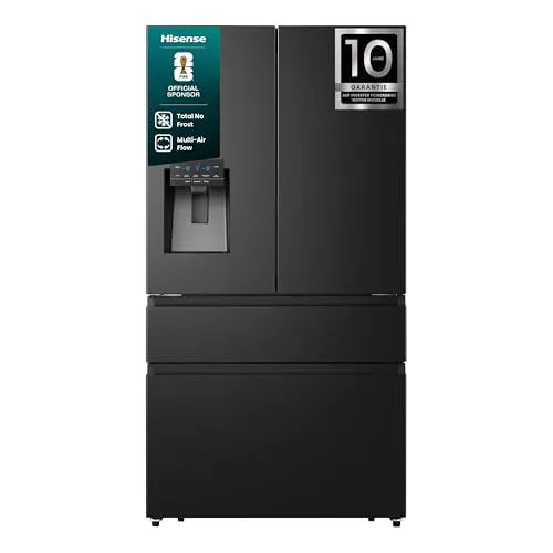 Hisense RF728N4SBFE French Door Kühl-Gefrier-Kombination Schwarz - Kühlschrank mit Total No Frost: Nie wieder abtauen! Genießen Sie frische Lebensmittel dank gleichmäßiger Temperaturverteilung und praktischem Wasserspender.
