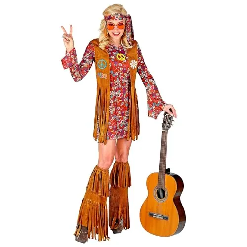 W WIDMANN MILANO Party Fashion - Hippie Kostüm Set für Erwachsene - Kostüm-Outfits für Erwachsene: Komplettes Hippie-Set mit Kleid, Weste, Stirnband und Stiefelüberziehern für den perfekten 70er-Jahre-Look und stundenlangen Komfort.