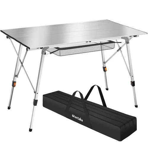 tectake® Campingtisch - Faltbarer Klapptisch aus Aluminium mit höhenverstellbaren Beinen - Camping-Möbel: Wetterfester Klapptisch mit aufrollbarer XXL Tischplatte, ideal für Camping, Picknicks und mehr. Stufenlos höhenverstellbar, leicht zu transportieren und pflegeleicht.