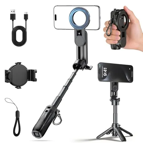 Magnetisches 4-in-1 Mini Selfie Stick Stativ, Handy Kameragriff mit Abnehmbarer Bluetooth-Fernbedienung, einstellbarem Zoom & Kaltgeräteschuh, für iPhone und Android, für Vlog/Fotografie klappbar