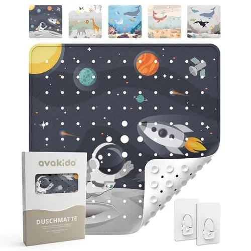 avakido® Duschmatte rutschfest Kinder - 100% BPA frei Inklusive 2 Haken zum Trocknen - Antirutschmatte, Duscheinlage - schimmelresistent & maschinenwaschbar