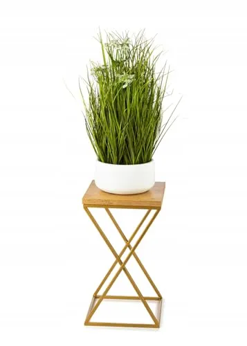 HowHomely Pflanzenständer Metall 40 cm Hoch - Stabiler und Fester Blumenhocker mit Eiche Optik MDF-Platte auf Gold Ständer - Blumenständer zur Dekoration Innenräumen