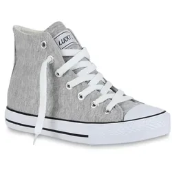 Mytrendshoe Damen High Top Sneakers Sportschuhe Kult Schnürer 94589, Farbe: Hellgrau Lucky, Größe: 38 - Grau - 38