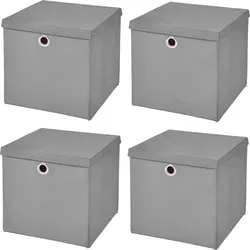 Faltbox Hellgrau 33 x 33 x 33 cm mit Deckel - 4er Set - Praktische Aufbewahrungsbox im 4er Set, platzsparend faltbar und ideal für jeden Wohnraum. Der stabile Metallring-Griff sorgt für einfachen Transport, während der Deckel Staub und Schmutz fernhält.