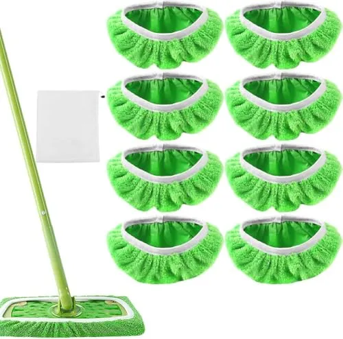 EAEVKPI 8 Stück Tücher Wiederverwendbare für Sweeper Mop, Nasse und Trockene Besentücher mit 1 Stück Netztasche, Waschbare Ersatzbezug, Geeignet für alle Arten von Fußböden, Grün
