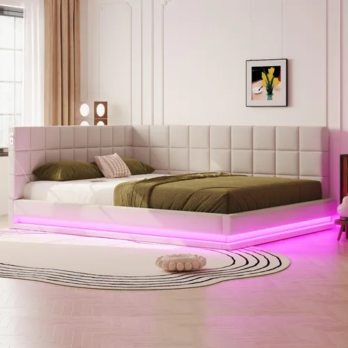 okwish Schlafsofa 140x200 Doppelbett mit Matratze und LED Lichtleiste,Tagesbett mit Lattenrost,Jugendbett mit USB Steckdose,Funktionbett,Beige