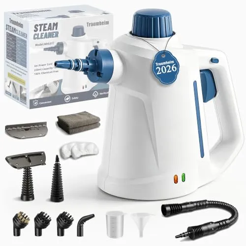 Traumheim Dampfreiniger Handgerät,Steam Cleaner für alles,3 Bar /110 °C | 1200W, 3 m Kabel,350 ml Tank, 30 g/min,14 Zubehörteile,36 Monate Garantie, Ideal für Wohnungsübergabe & Küchenreinigung
