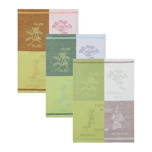 Kracht 3-er Pack Jacquard Geschirrtuch, Halbleinen, Küchenkräuter, drei Farben sortiert, 50x70cm