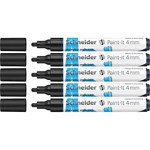 Schneider 120201 Paint-It Acrylstifte (mit 4 mm Rundspitze, hochdeckende Acrylfarben für Holz, Leinwand, Stein uvm.) 5er Pack, schwarz