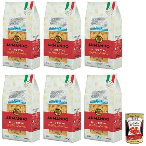 6x Armando Il Tubetto,Bronzegezogene Nudeln,100% Italienische Pasta 500g + Italian Gourmet Polpa di Pomodoro 400g Dose