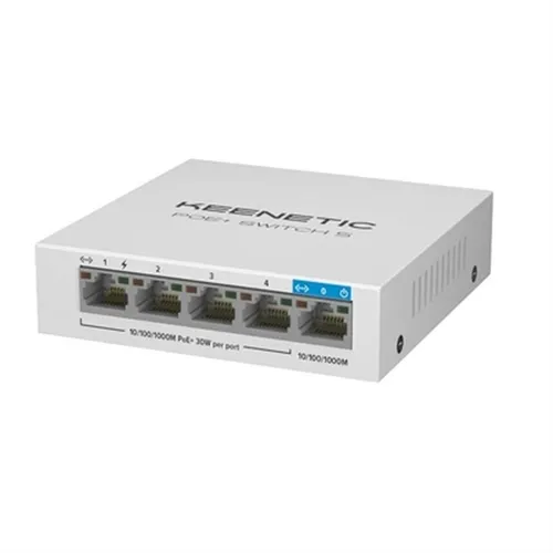 Keenetic PoE+ Switch 5 - Netzwerk-Switch für einfache Ein-Kabel-Bereitstellung von WLAN-Access-Points, IP-Kameras und IP-Telefonen. Intelligentes Netzteil mit bis zu 30 W pro Port, ideal für reibungslose Netzwerkinstallationen.