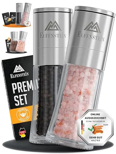 ELFENSTEIN Edelstahl Salz und Pfeffermühle Set mit Keramikmahlwerk - stufenlos einstellbar, Pfeffer und Salzmühle für grobes Salz, Gewürzmühle, Mühlenset (Silber M)