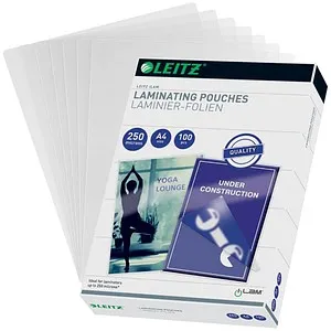 LEITZ 100 Laminierfolien glänzend A4 250 micron - Laminierfolien 250 micron - Schützen Sie Dokumente mit robusten, glänzenden Folien für perfekte Optik und langanhaltenden Schutz.