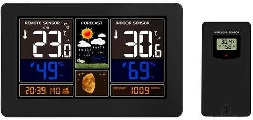 Solight Wetterstation, Smart Life App, extra großes Farb-LCD, Temperatur, Luftfeuchtigkeit, Luftdruck, USB-Ladung, schwarz