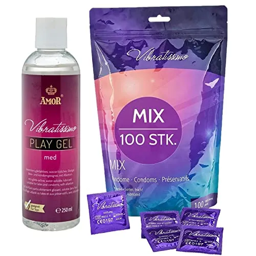 VIBRATISSIMO Kondome Mix 100er Pack | Gefühlsecht & Abwechslungsreich mit Gleitgel Set - Entdecke Vielfalt mit unserem Kondome Mix: 20x Nature, extra dünn, gerippt/genoppt und aromatisiert. Inklusive 250ml wasserlöslichem Gleitgel für mehr Gleitfähigkeit und Spaß. Hochwertige Qualität für unvergessliche Momente.